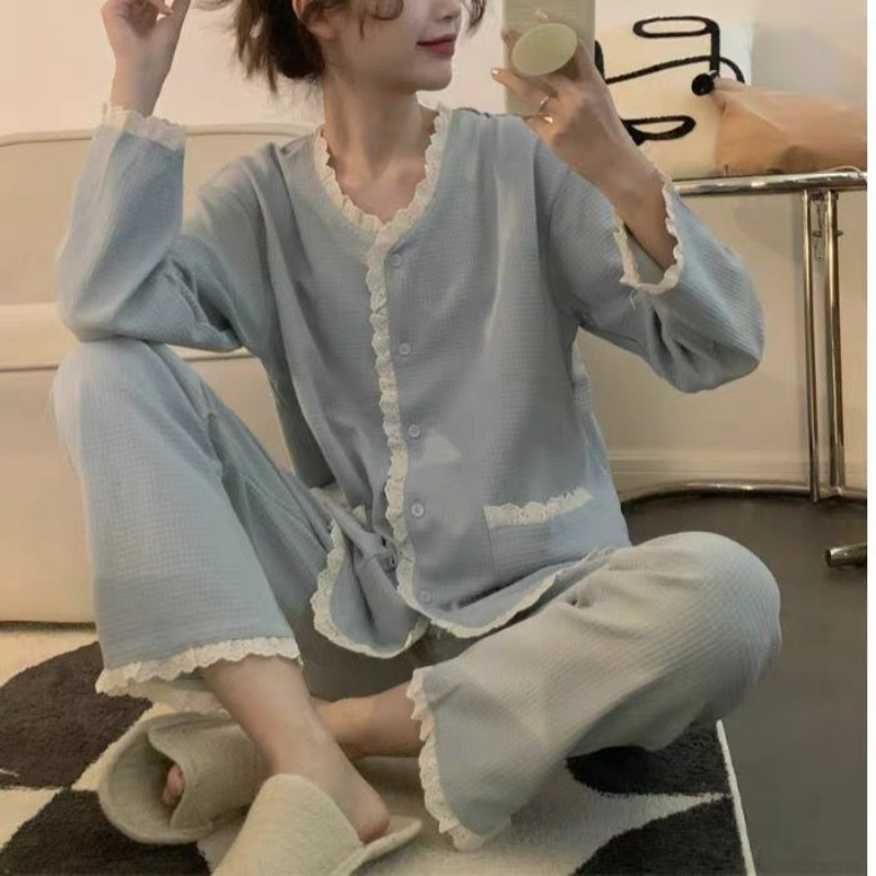 Women's Sleepwear Pajama Sets Women Sweet Cute Fall Outfits Long Sleeve Home Sleepwear Night Harajuku Lace Patchwork V-neck Cozy Korean Fashion 2