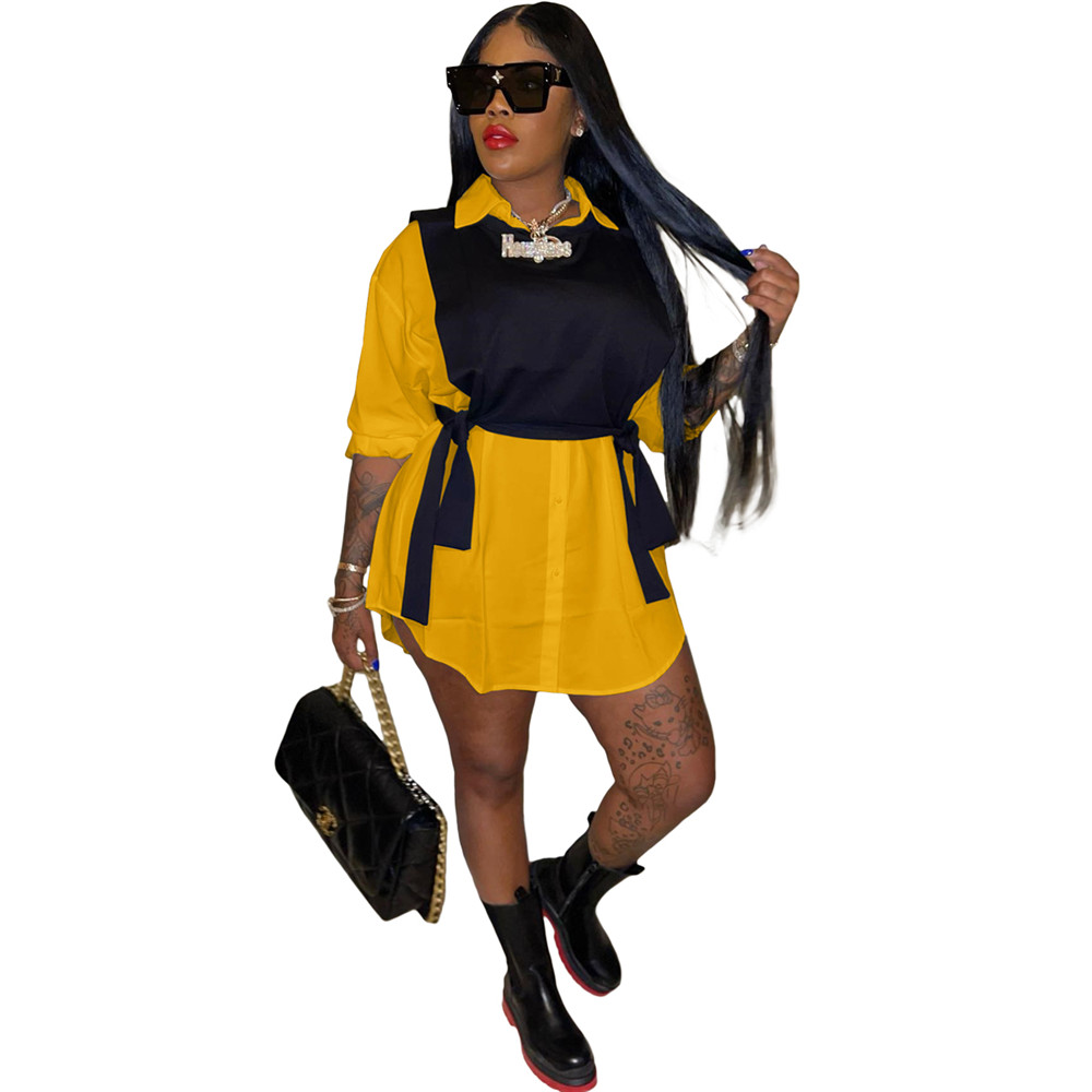 designer Wholesale dress Women's Tracksuits Solid Long Sleeve Breasted Turn-down Neck Shirt Style Dress Drawstring Hem Black Vest Matching Dresse