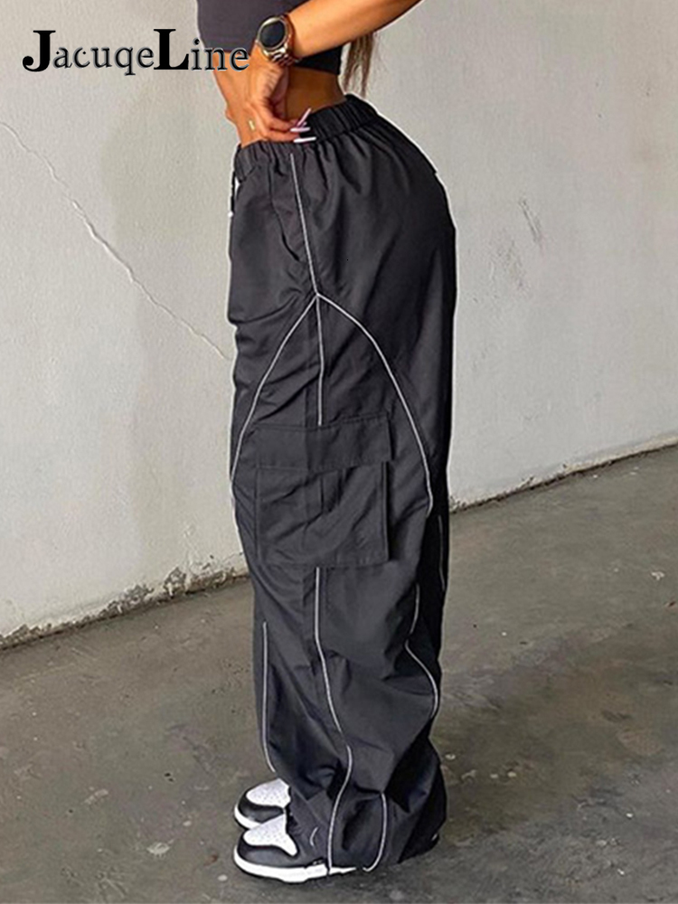 Women's Pants Capris Jacuqeline Loose Wide Leg Baggy Pants Women Hippie Casual Streetwear Low Waist Cargo Trousers Contrast Stitching Sweatpants 