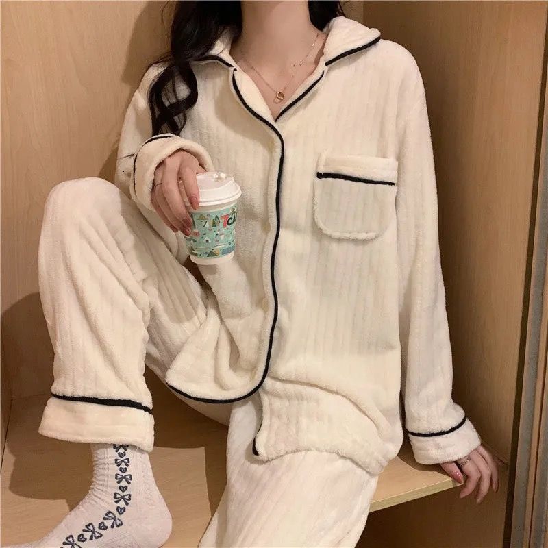 Women's Sleepwear Flannel Pajama Sets Women Winter Two Piece Home Suit 100Sleepwear Warm Korean Style Simple Casual Fashion Gentle Vintage Chic 2