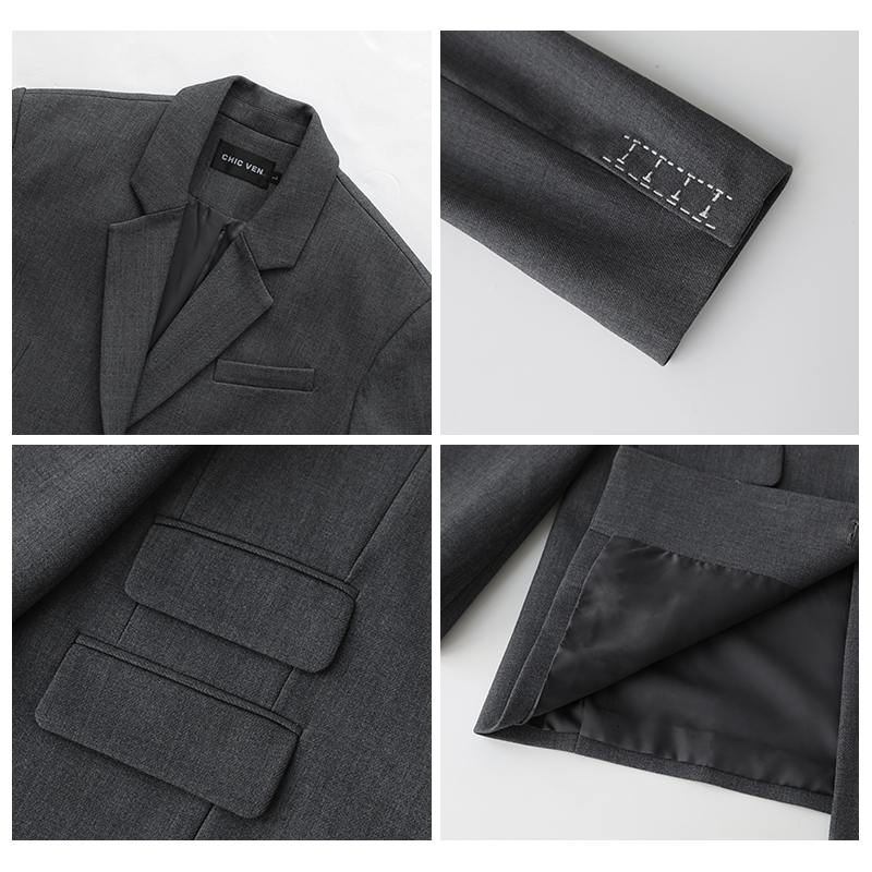 Women's Suits Blazers CHICVEN Women Office Lady Blazer Cuff Embroidery Wide Shoulder Twill Suit Autumn Ladies Outerwear Stylish Tops 230321
