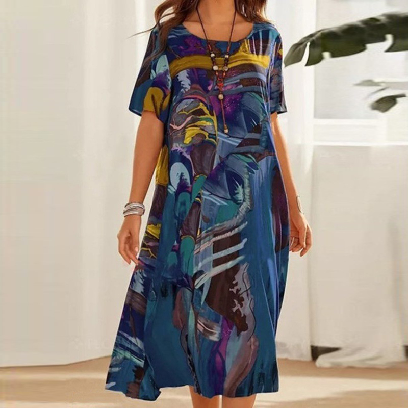 Casual Dresses Bohemian Women Short Sleeve Midi Dress Summer O-Neck Mid Waist Full Art Print Mid-calf Length Dress Female Loose Casual Vestidos 230321