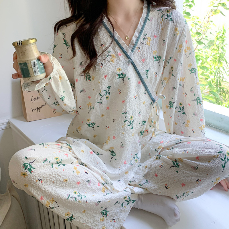 Women's Sleepwear Floral Printed Ladies Kimono Style Pajamas Set Loose Thin V-Neck Long Sleeves Gauze Cotton 2Pcs Sleepwear Loose Homewear 230321