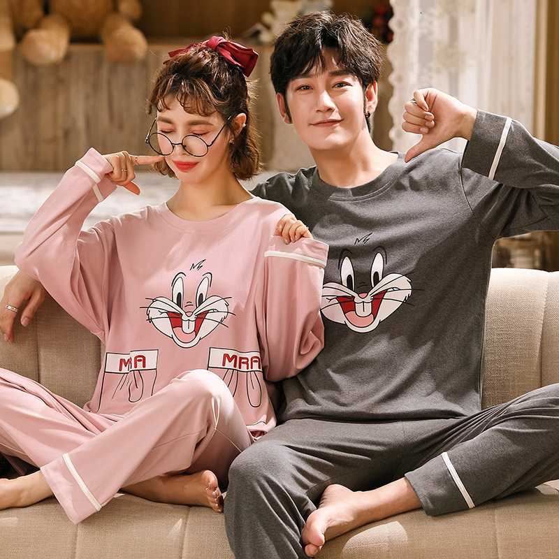Women's Sleepwear Couple Pajamas Set 100% Cotton Autumn Long Sleeves Pnats Home Suit Cartoon Lovers Sleepwear Comfortable Two-piece Female Pajama