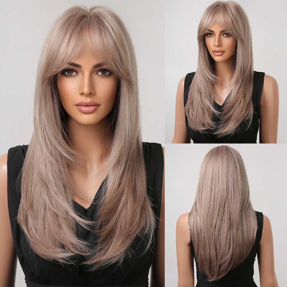 Synthetic Wigs Easihair Long Straight Wigs with Bangs Black to Brown Ombre Synthetic for Women Daily Natural Hair Heat Resistant 230227