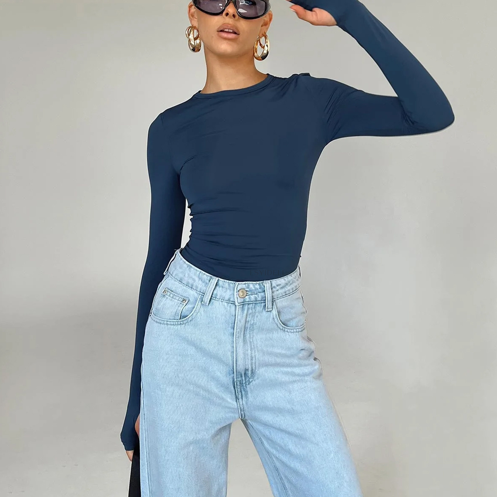 Women's TShirt Y2k Long Sleeve Ruched Women Spring Summer O Neck Slim Fit Solid Crop Top Spicy Girl Woman T Shirts 2023 230321