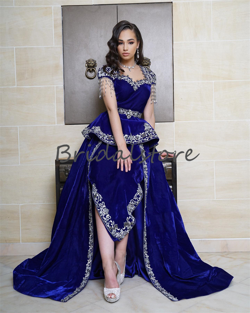 Karakou Algerien Blue Velvet Evening Dress With Overskirt Train Embroidery Short Sleeves Abaya Prom Gowns Formal Occasion Turkey Party Dubai Abaya Dre