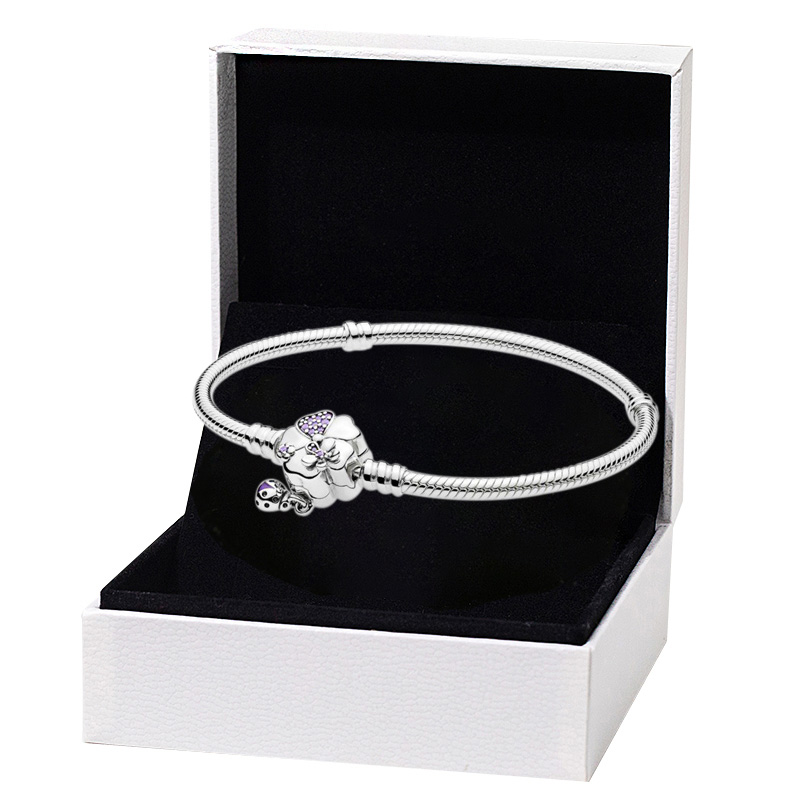 Purple stone Flower Clasp Charm Bracelet Real 925 Sterling Silver Snake Chain Bracelets for Women Girlfriend Gift Hand Chain Jewelry with Retail Box wholesale