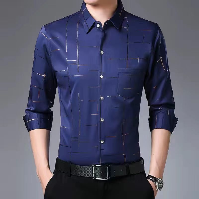 Men's Casual Shirts Smart Casual Men Thin Plaid Smooth Shirts Long Sleeve Lapel Spring Autumn Clothing Koreon Male Loose Business Fashion Tops 23