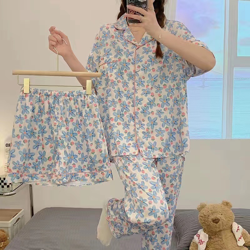 Women's Sleepwear 3pcs Summer Ladies Pajamas Printing Kawaii Clothes Short Sleeve Laple Top Loose Shorts Trousers Loungewear Suit Women Pijamas 2