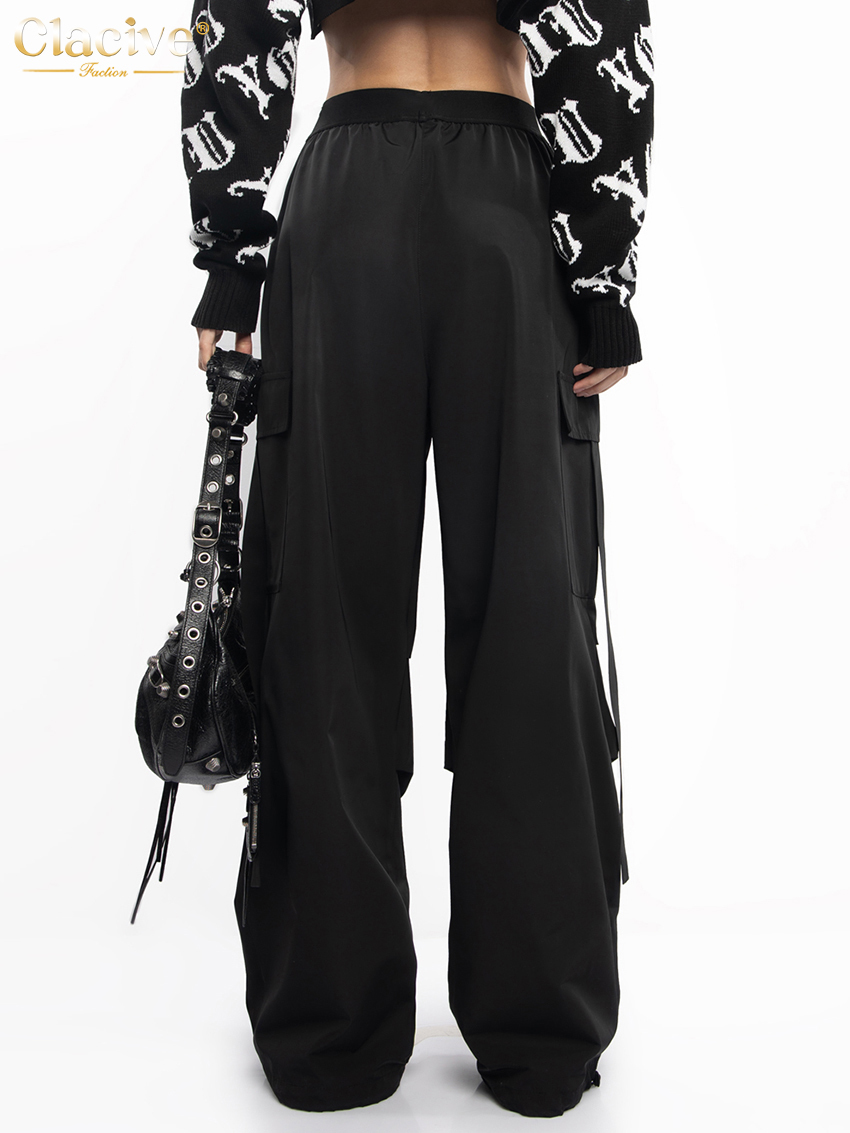 Women's Pants Capris Clacive Fashion Loose Black Cargo Pants Women Elegant Elastic Waist Full Length Pants Casual Straight Trousers Female Clothi