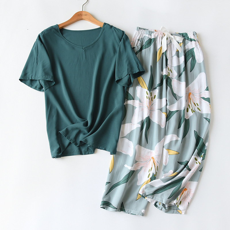 Women's Sleepwear Spring Women Comfort Rayon Pajamas Set Loose Thin Wide Leg Floral Printed Short SleevePants 2Pcs Ladies Household Sleepwear 230