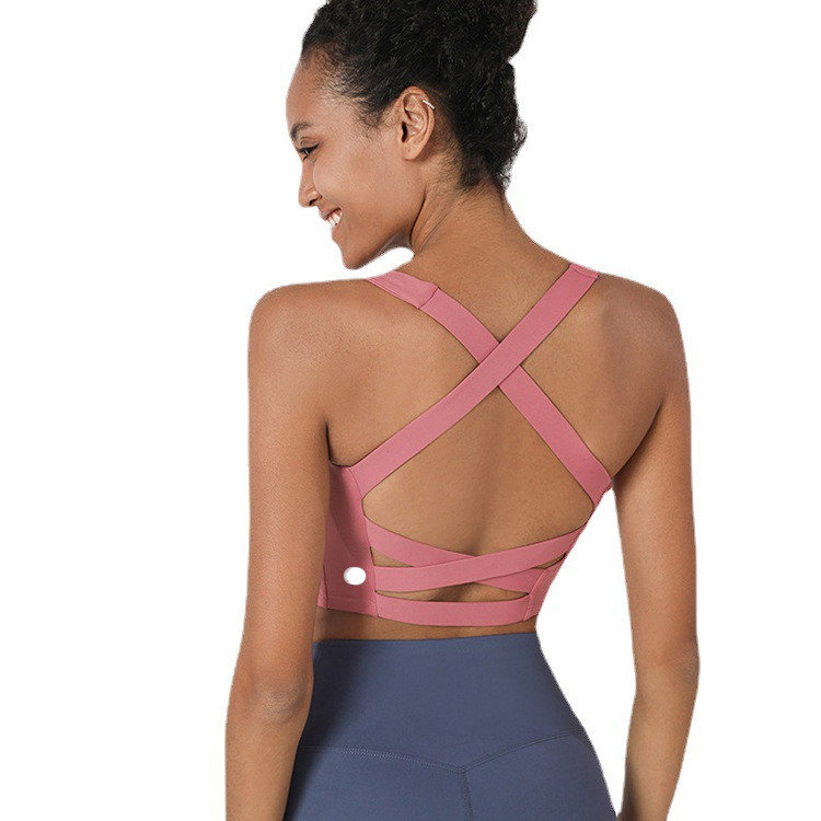 Women Fitness Bra Tops Fintness Tank Vest Solid Workout Breathble Crossback Gym Gathered Shockproof Top Female