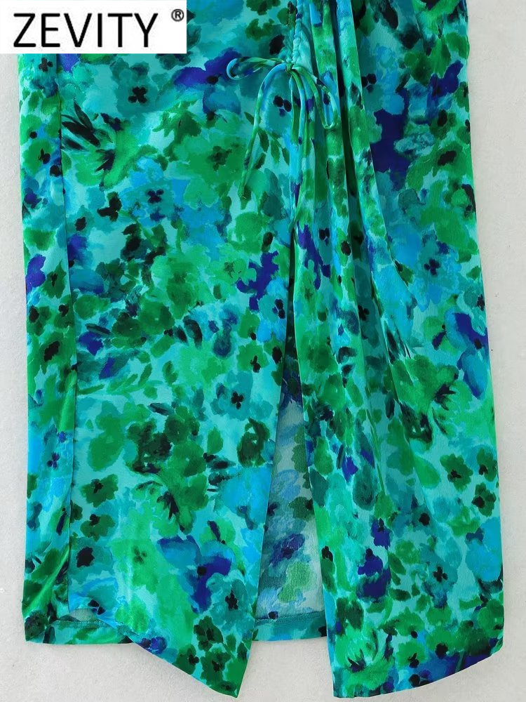 Casual Dresses Zevity Women Elegant Ink Floral Print Pleat Drawstring Split Midi Dress Female Chic O Neck Back Zipper Vestidos DS3415 230321