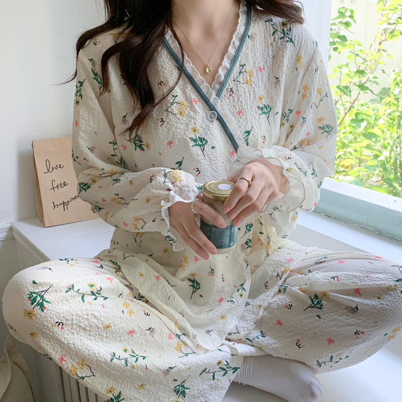 Women's Sleepwear Floral Printed Ladies Kimono Style Pajamas Set Loose Thin V-Neck Long Sleeves Gauze Cotton 2Pcs Sleepwear Loose Homewear 230321