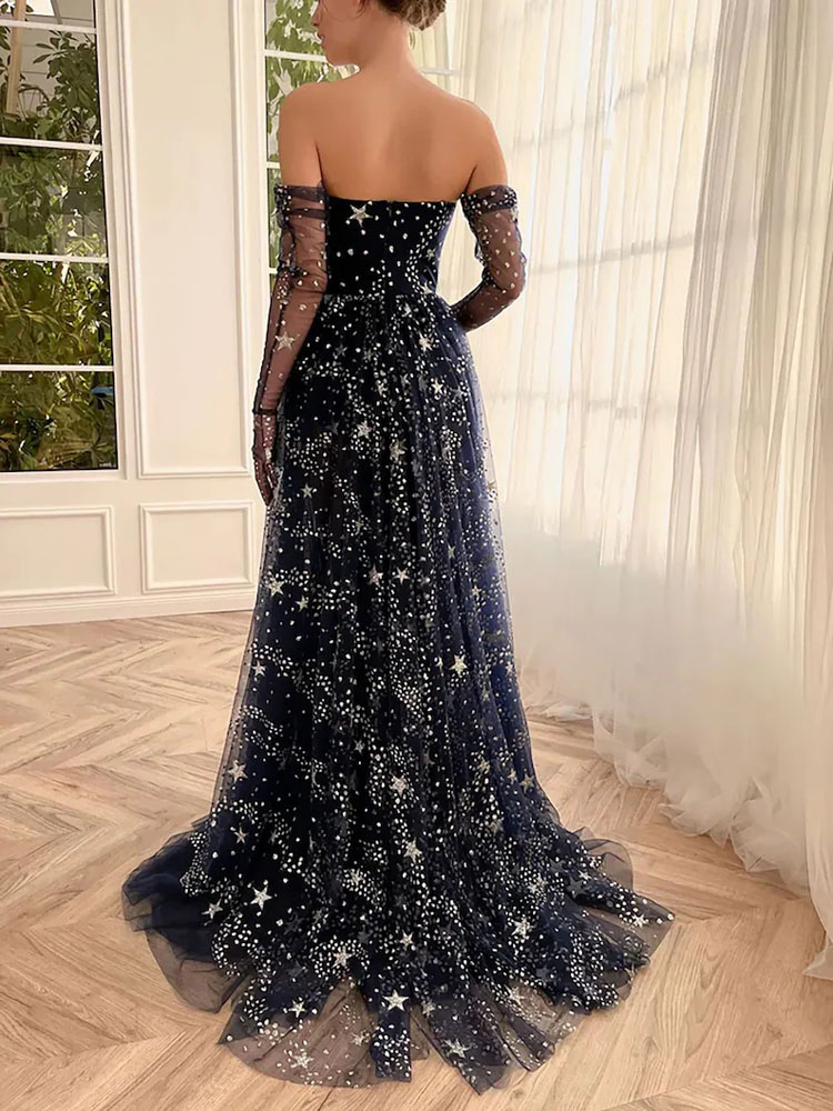 Sexy Navy Blue Evening Dresses Sweetheart Side Split Long Prom Gowns Sparking Shining Stars Formal Dress with a pair of Long Gloves