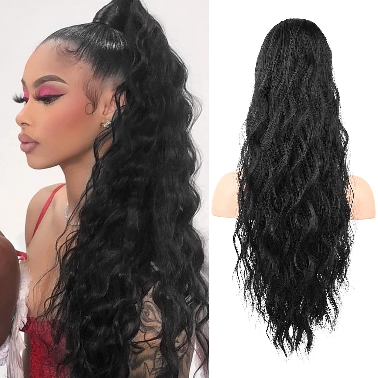 26inch snap on brazilian wavy ponytail human hair extension clip in drawstring wet and wavy women pony tail hairpiece side part stunning 140g 1b