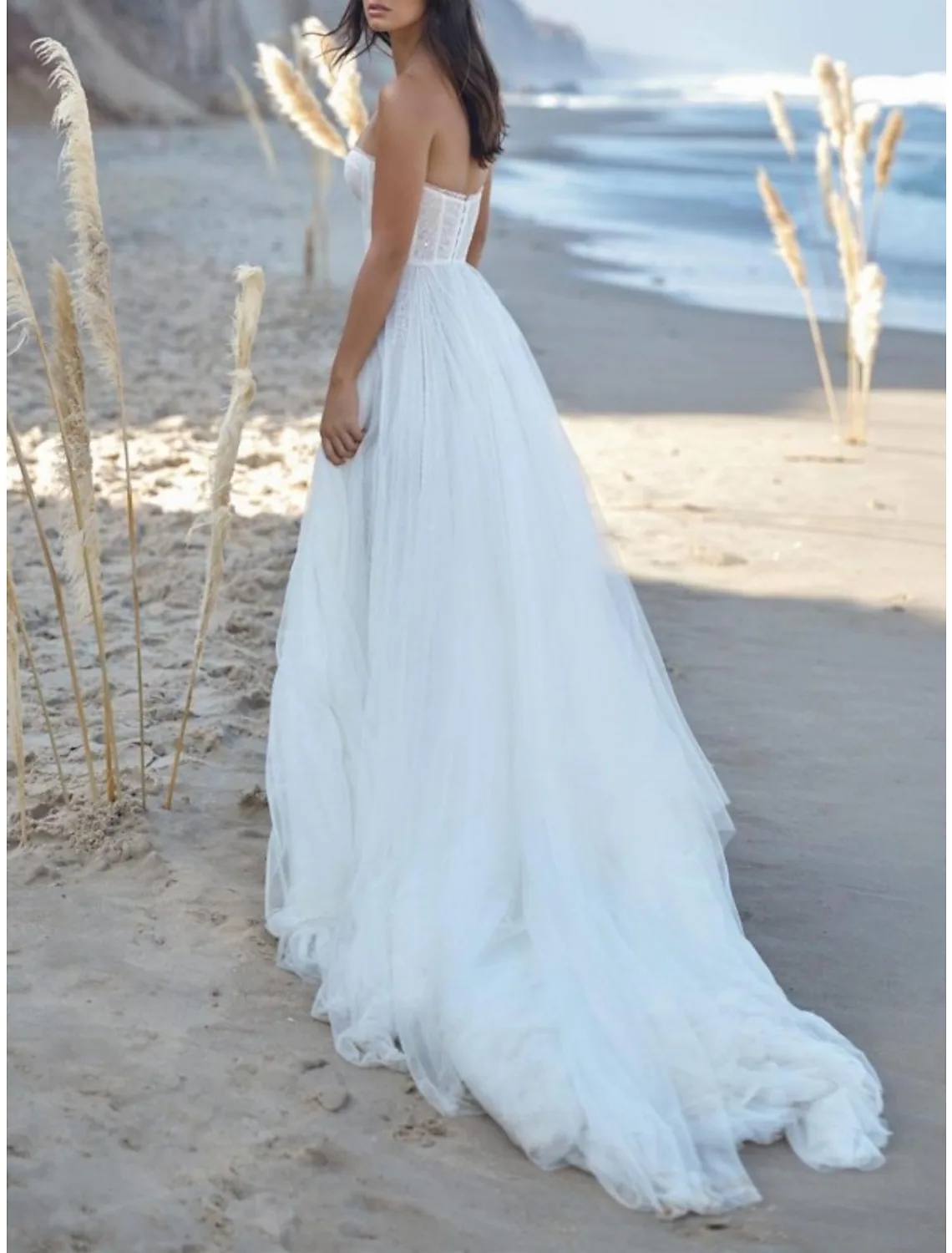 Beach Sexy Wedding Dress 2023 A-Line Strapless Pleats Split Front Tulle Bridal Gowns Women Summer Robe de Mariage