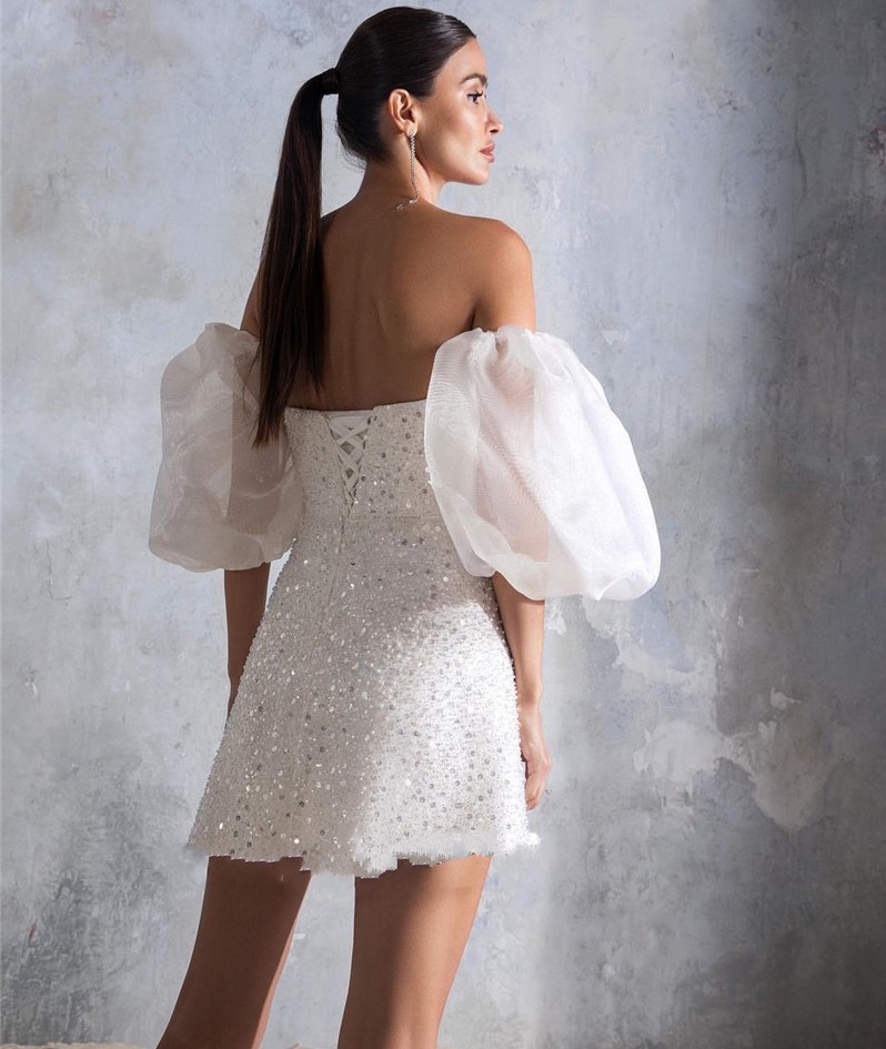 Glitter A Line Short Wedding Dress 2023 Puff Short Sleeves Strapless Mini Sexy Sparkly Sequined Women Bride Party Gowns Robe De Soiree
