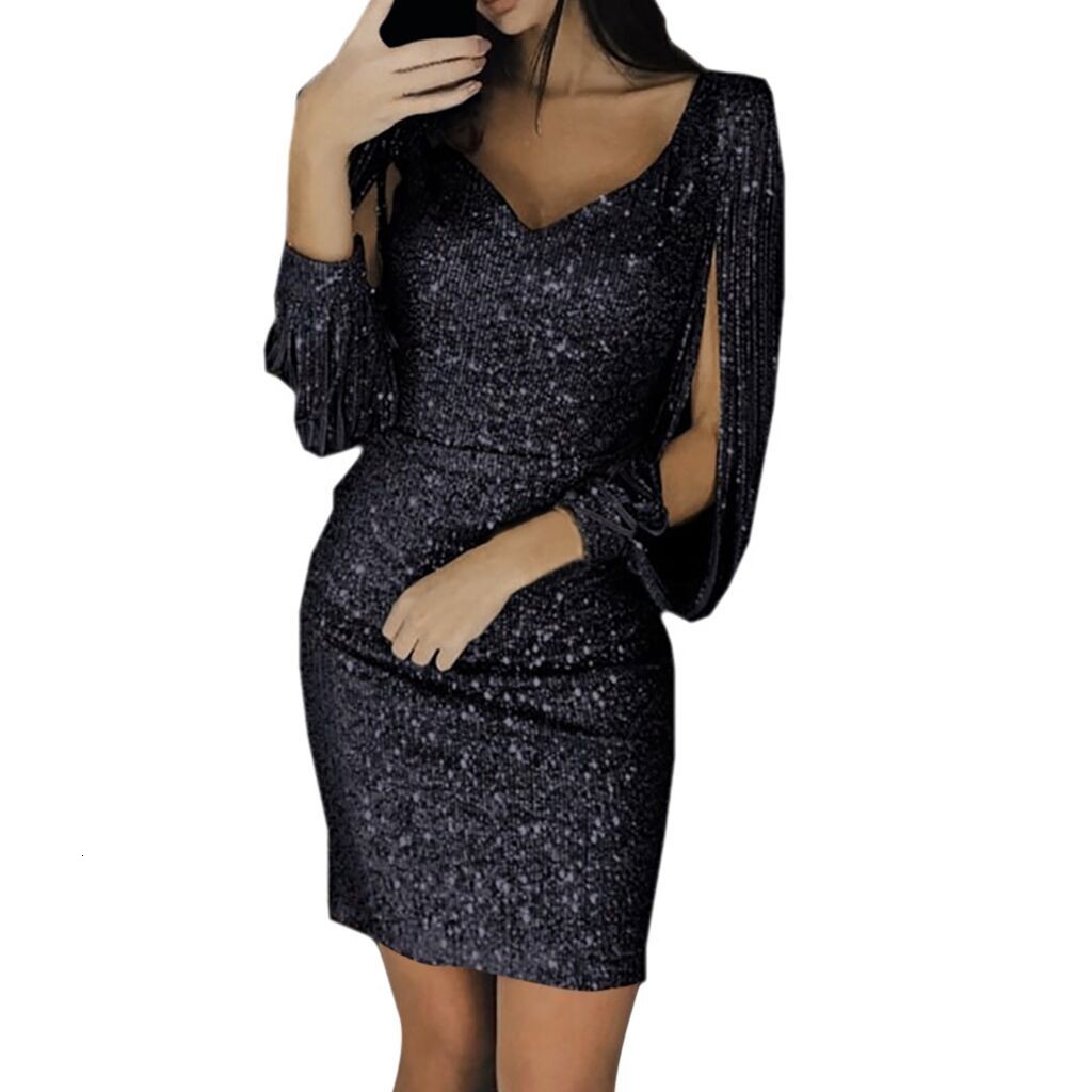 Party Dresses Sexy Women Dress Sequins Glitter Sparkle Deep V Neck Gold Tassel Long Sleeves Short Mini Evening Party Wrap Hip Dress Vestidos 230322