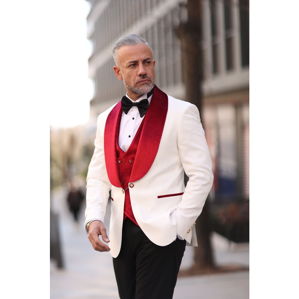 Red White Men Wedding Tuxedos Velvet Shawl Lapel Mens Tuxedos Outfits Business Formal Wear Jacket Pants Suits 3 Pieces