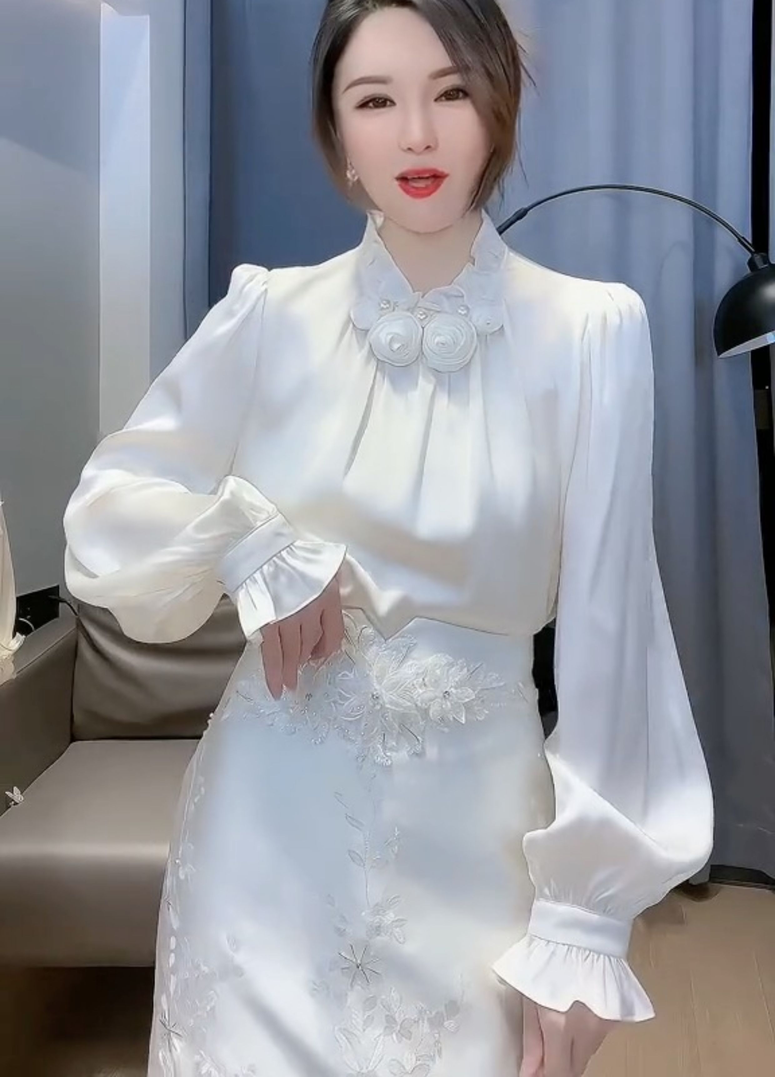 Womens blouse stand collar 3D rose flower patched lantern long sleeve satin shirt SMLXLXXL3XL