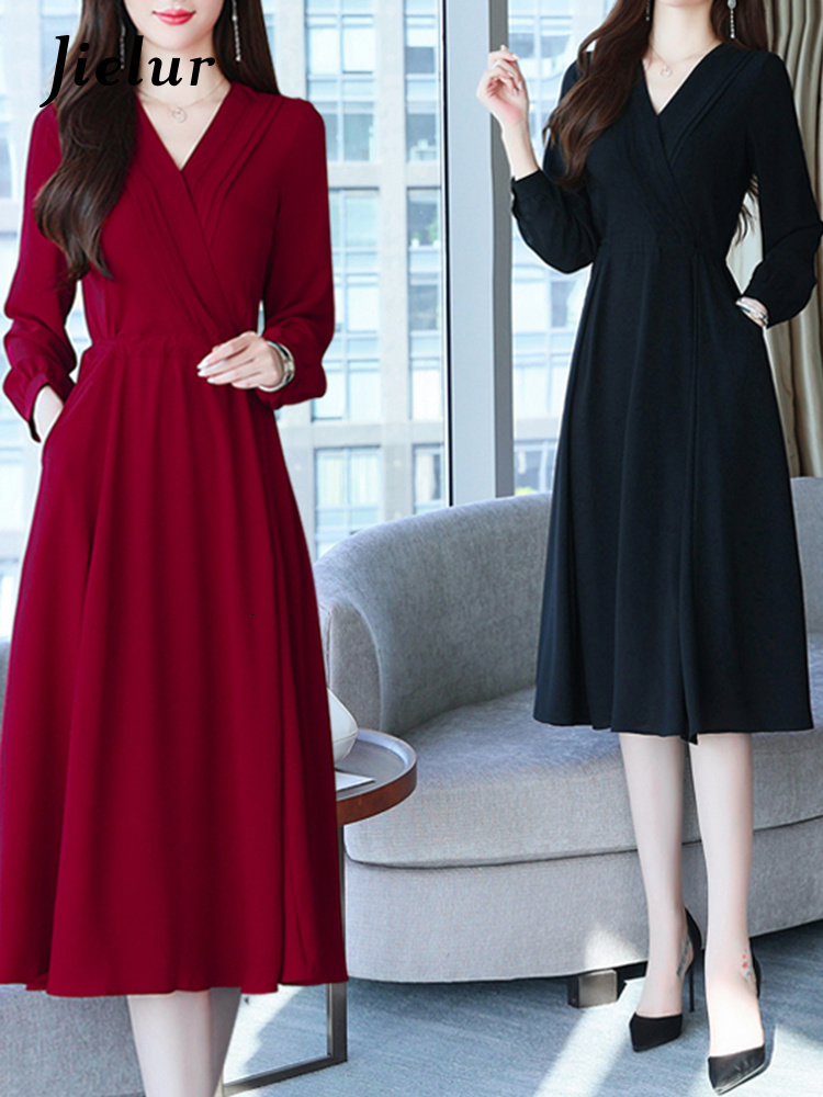 Party Dresses Jielur French Fashion Chiffon Long Dress Female Autumn V-neck Long Sleeve Black Red Dress Women Elegant Office Lady Vestidos 230322