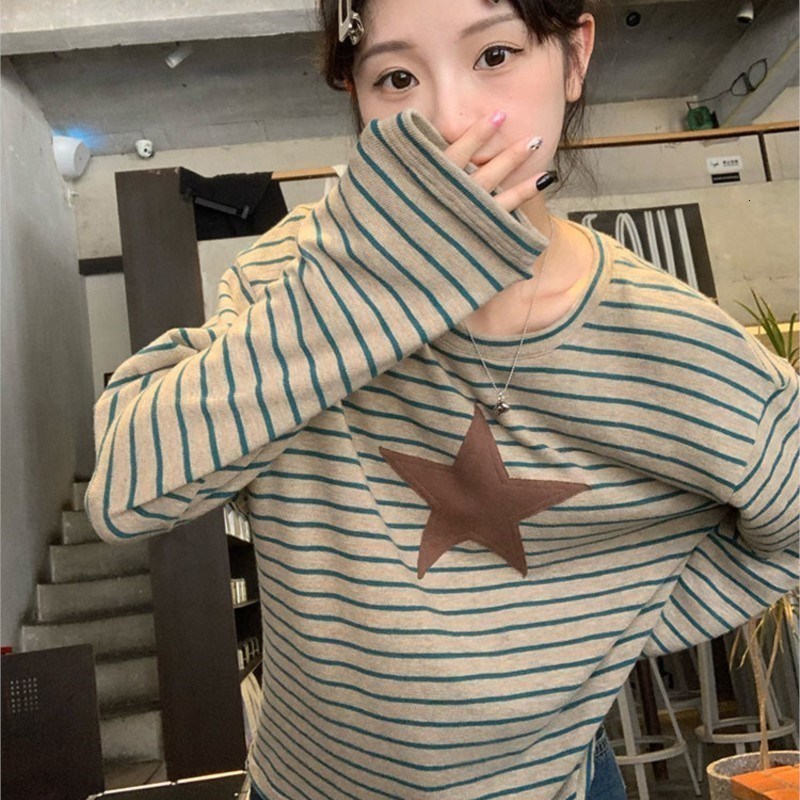 Women s T Shirt 2023 Autumn Striped Patchwork Embroidered Star Pattern Vintage Long Sleeve Women Crop Top Korean INS Harajuku Y2K Loose T shirt 230321