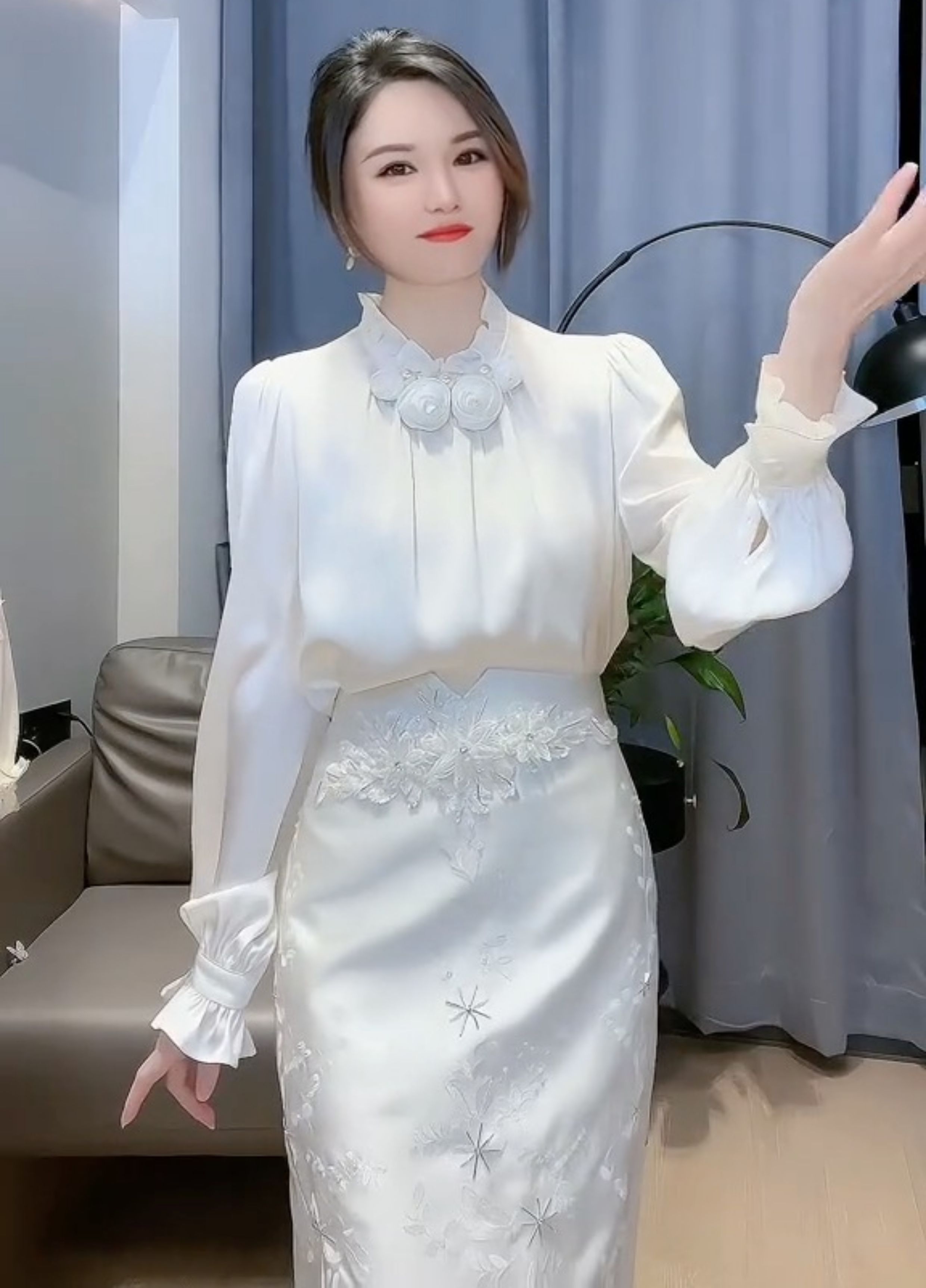 Womens blouse stand collar 3D rose flower patched lantern long sleeve satin shirt SMLXLXXL3XL