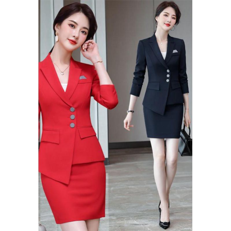 Two Piece Dress Three Button Long Sleeve Solid Color Womens Suits Work Uniforms El Manager Outfit Counter Clerk Formal Wear SetTwo