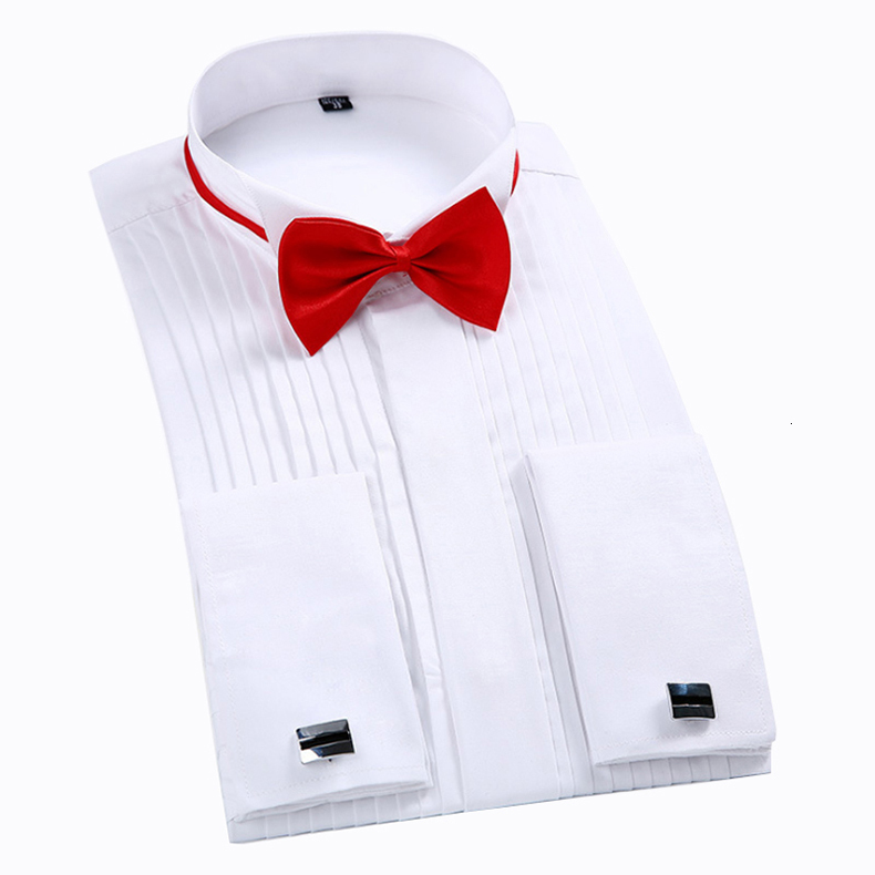 Men's Casual Shirts Mens Wing Tip Collar Dress Shirt White Red French Cuff Button Men Wedding Shirt Business Formal Party Tuxedo Dress Shirts Bow