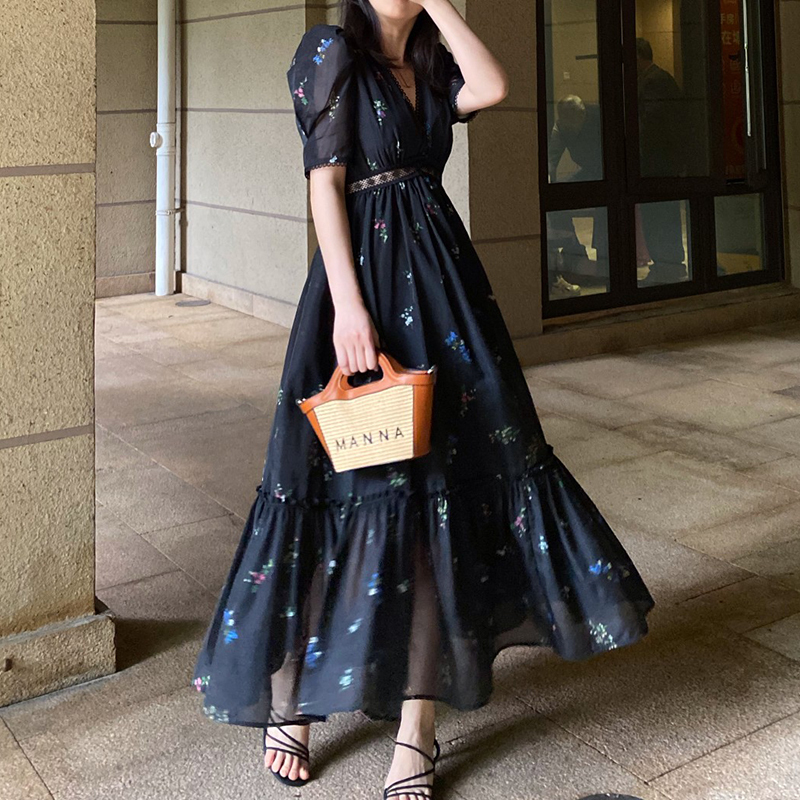 Party Dresses Runway Autumn Fashion Black Color Floral Print Long Dress Vintage Women V Neck Puff Sleeve Chiffon Slim High Waist Chic Vestidos 230322