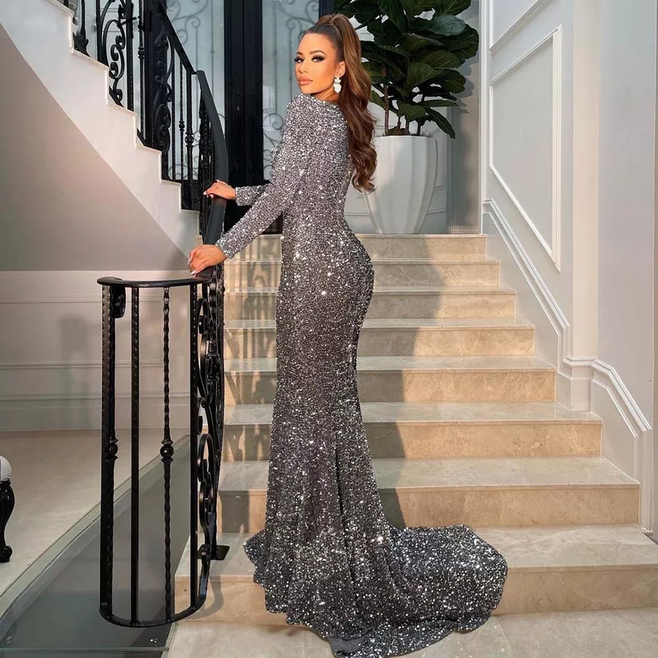 Party Dresses YIDINGZS Stretch Sequined Maxi Dress Full Sleeve V Neck Mermaid Evening Night Long Party Dress Grey Black Burgundy 230322