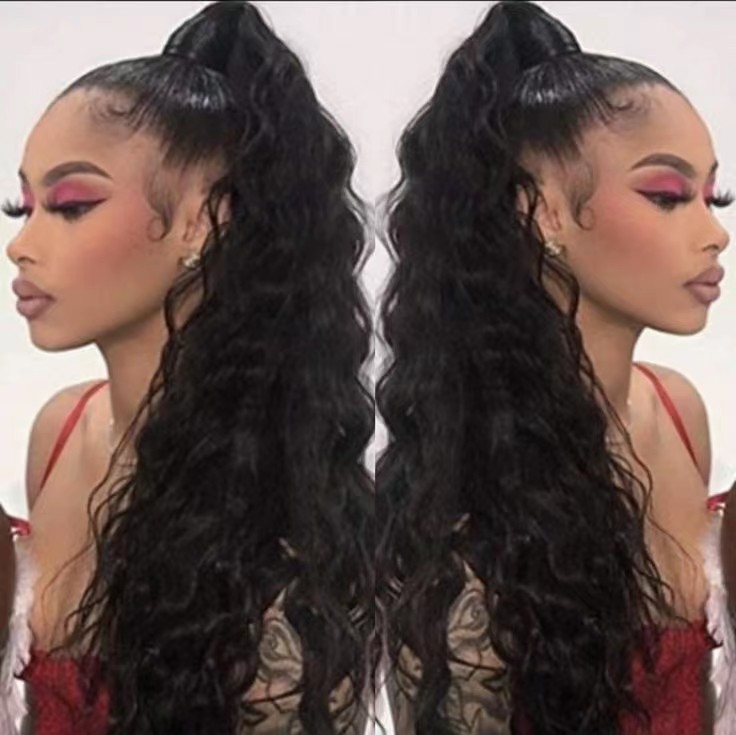 26inch snap on brazilian wavy ponytail human hair extension clip in drawstring wet and wavy women pony tail hairpiece side part stunning 140g 1b