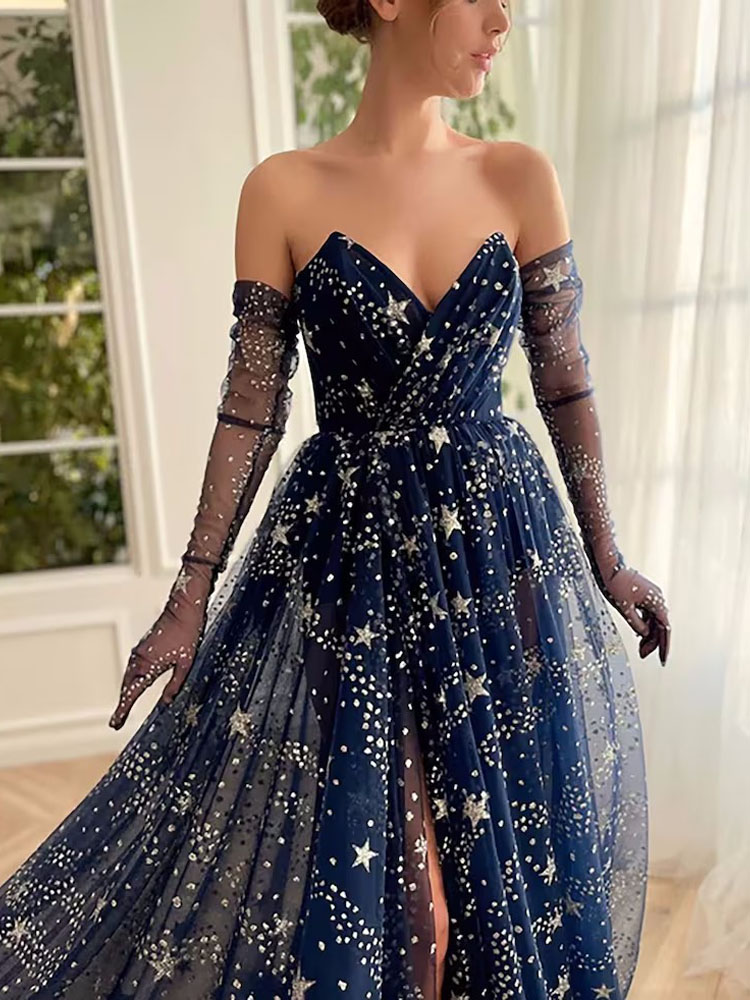Sexy Navy Blue Evening Dresses Sweetheart Side Split Long Prom Gowns Sparking Shining Stars Formal Dress with a pair of Long Gloves