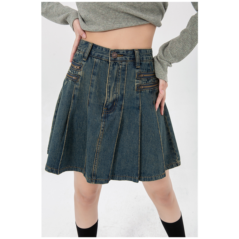Skirts Women's Vintage Blue Denim Half Body Skirt Zipper Pleated High Waist Casual Fashion Baggy A-Line Jean Short Skirt Ladies Summer 230322