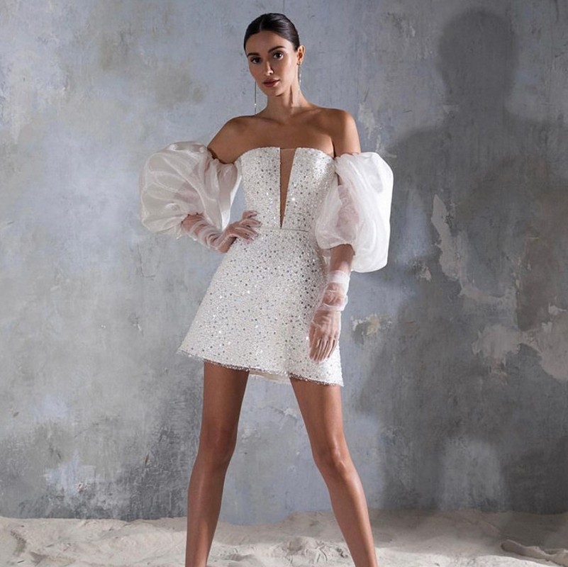Glitter A Line Short Wedding Dress 2023 Puff Short Sleeves Strapless Mini Sexy Sparkly Sequined Women Bride Party Gowns Robe De Soiree