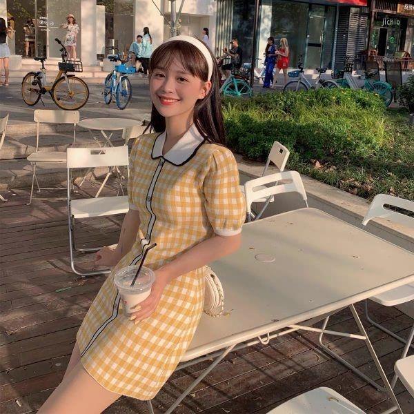 Casual Dresses Plaid Girl Short Sleeved Doll Collar Elegance Summer Korean Students A-line Mini School Female