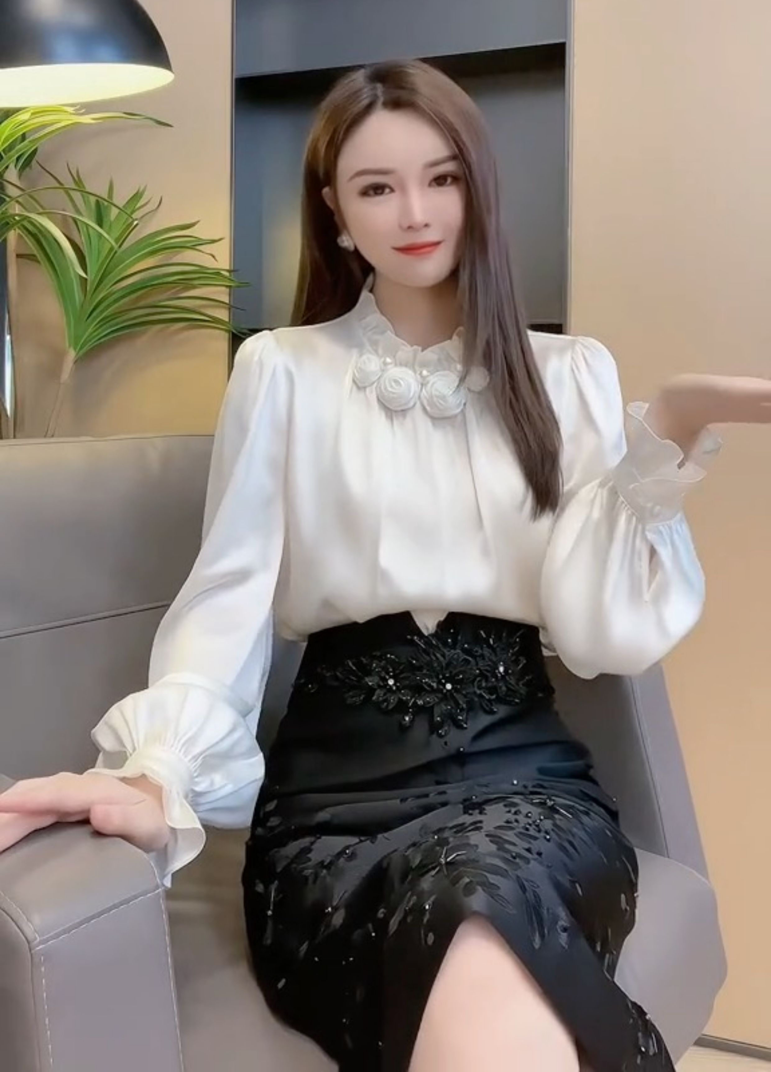 Womens blouse stand collar 3D rose flower patched lantern long sleeve satin shirt SMLXLXXL3XL