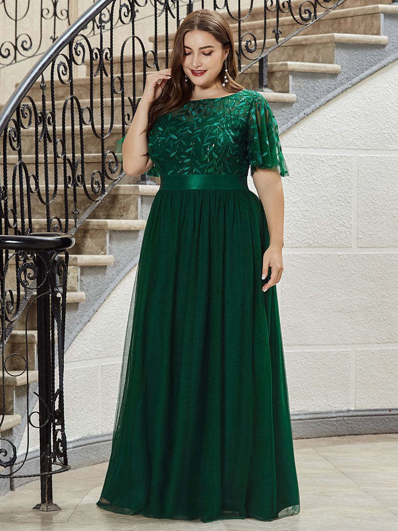 Party Dresses Elegant Evening Dresses O-Neck Sequin Tulle Print Floor Length Ever Pretty of Sleeve Plus size Prom Dress for women 230322