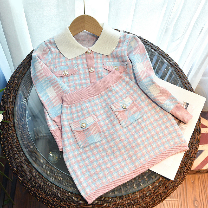Clothing Sets Autumn Girls Fashion Set Kids Knitted Sweater Baby Cardigan Plaid Twopiece Little Girl Toddler College Style 230322