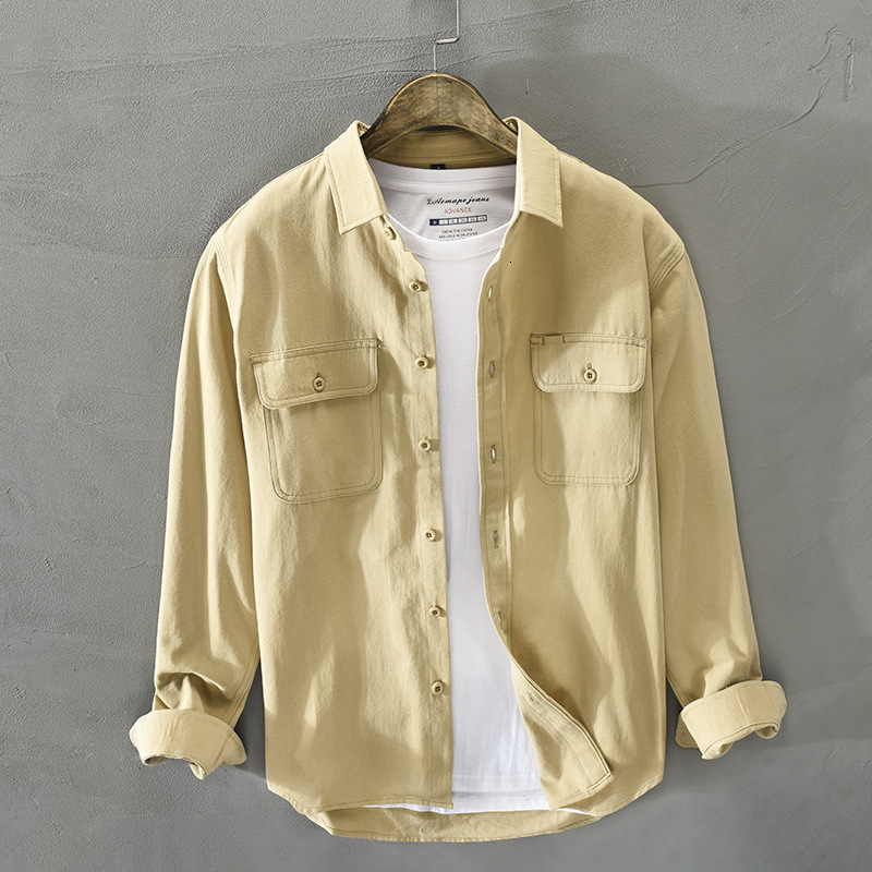 Men's Casual Shirts Z102 Men Simple Long Sleeves Shirts Spring Summer Cotton Pockets Single-Breasted Solid Color Turndown Collar Casual Male Coat