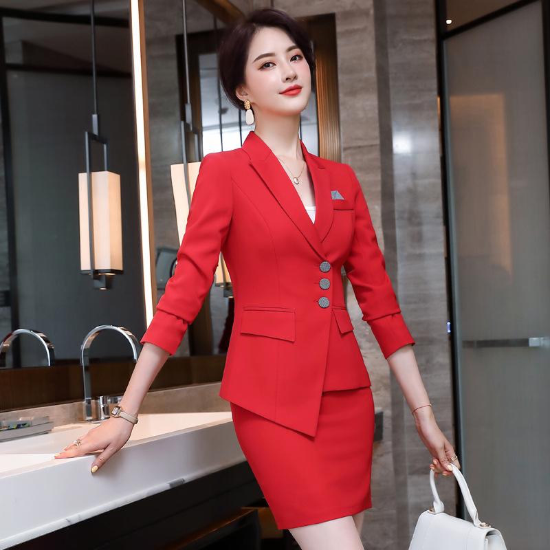 Two Piece Dress Three Button Long Sleeve Solid Color Womens Suits Work Uniforms El Manager Outfit Counter Clerk Formal Wear SetTwo
