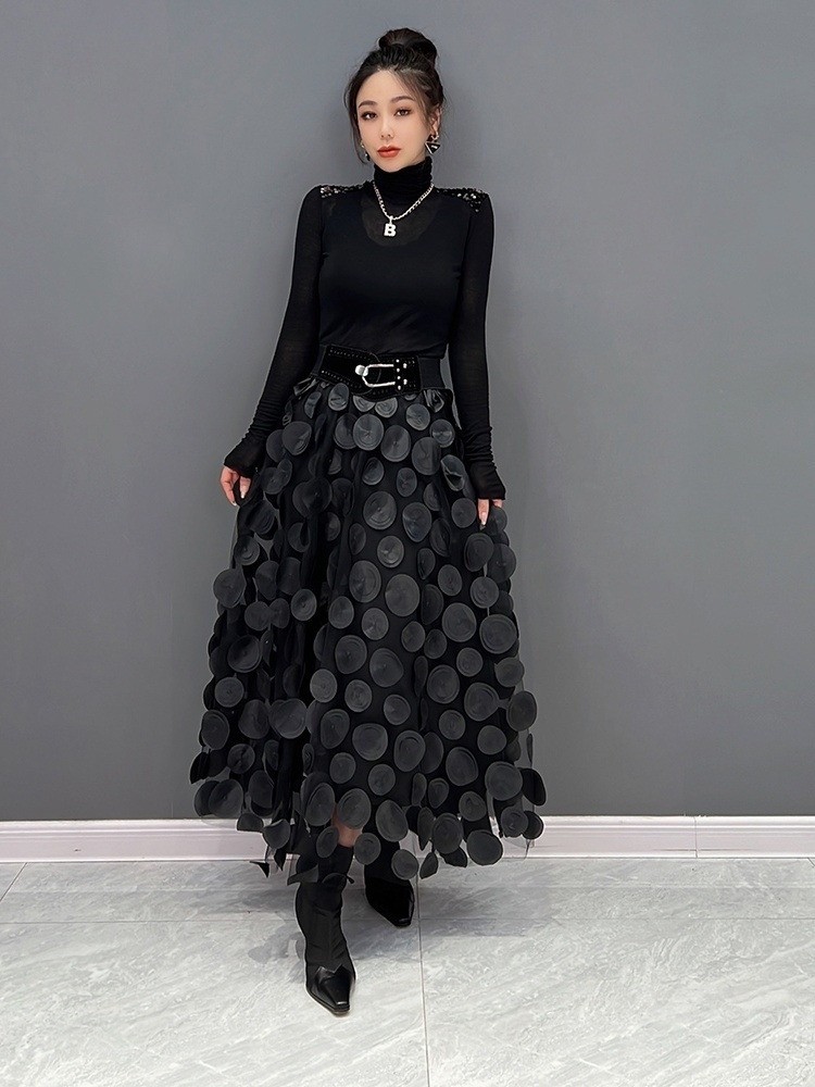 Skirts QING MO Polka Dot Women Skirt Black Spring Summer Korean Fashion Trend Patchwork Mesh Skirt Streetwear Dress ZXF1016 230322