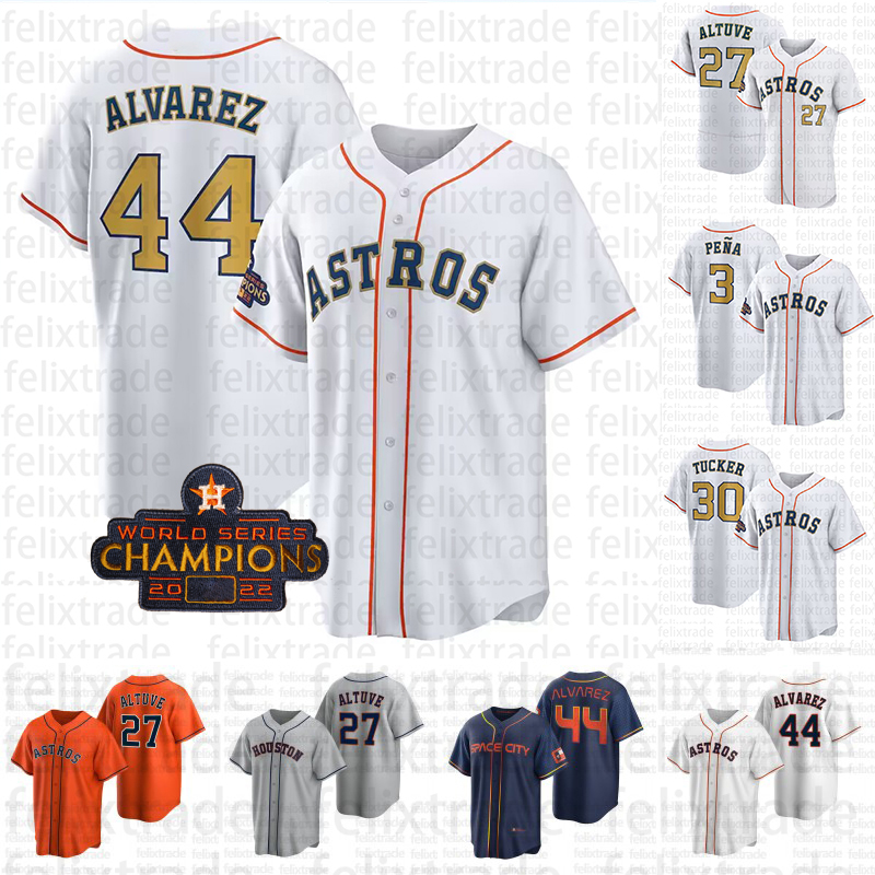 

Houston 2023 Gold Collection jersey Astros Yordan Alvarez Jeremy Pena Jose Altuve Kyle Tucker Yuli Gurriel Alex Bregman Martin Maldonado Lance McCullers Jr, Youth s-xl white