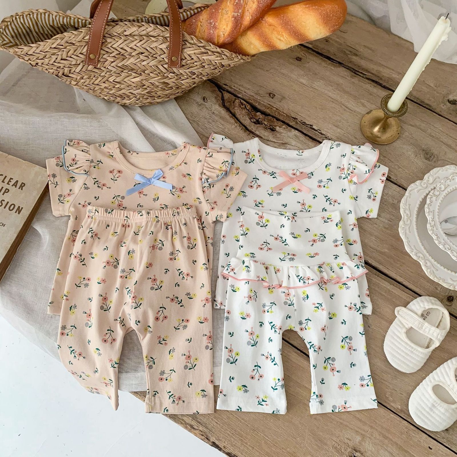 Clothing Sets Summer Baby Clothes Set Floral Girls Two Pieces Pajama Set Ruffle Girls Sleep Wear 230322