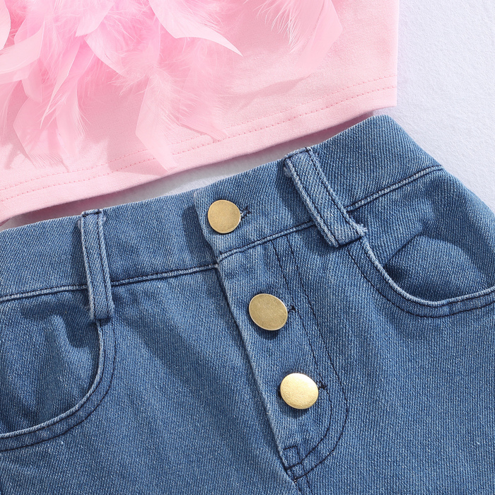 Clothing Sets Girls Summer Outfit Fashion Kid Children Pink Sleeveless Feather Camisole Denim Pants with Pockets 230322