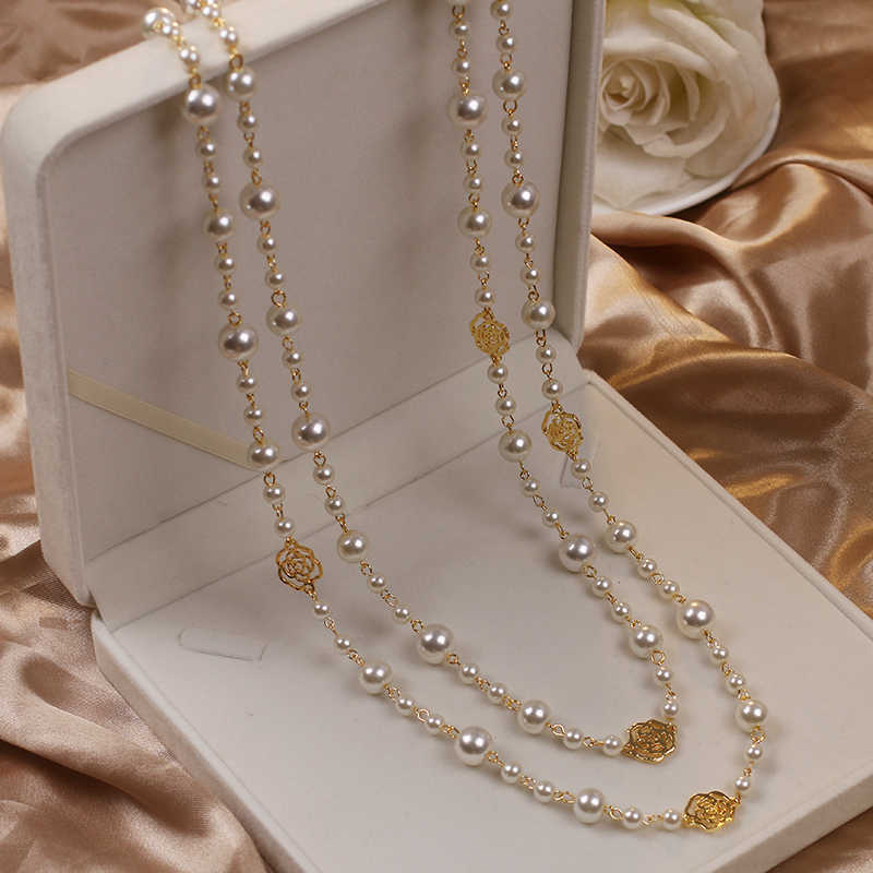 Designer Long Camellia Pearl Double Layer Rose Flower Sweater Chain Necklace for Women Maxi Pendant Collane Fashion Jewelry Gift High Quality Textured