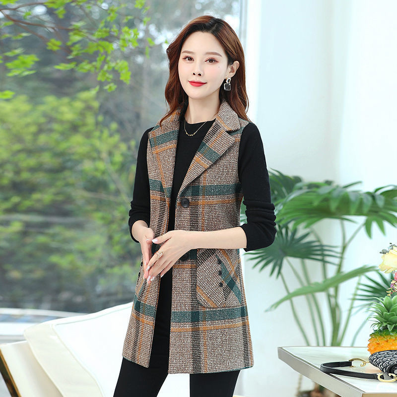 Women's Vests Autumn Winter Plaid Woolen Vest Jacket Women's Clothing Suit Collar Mid-Long Sleeveless Jacket Waistcoat Female Tops 230322