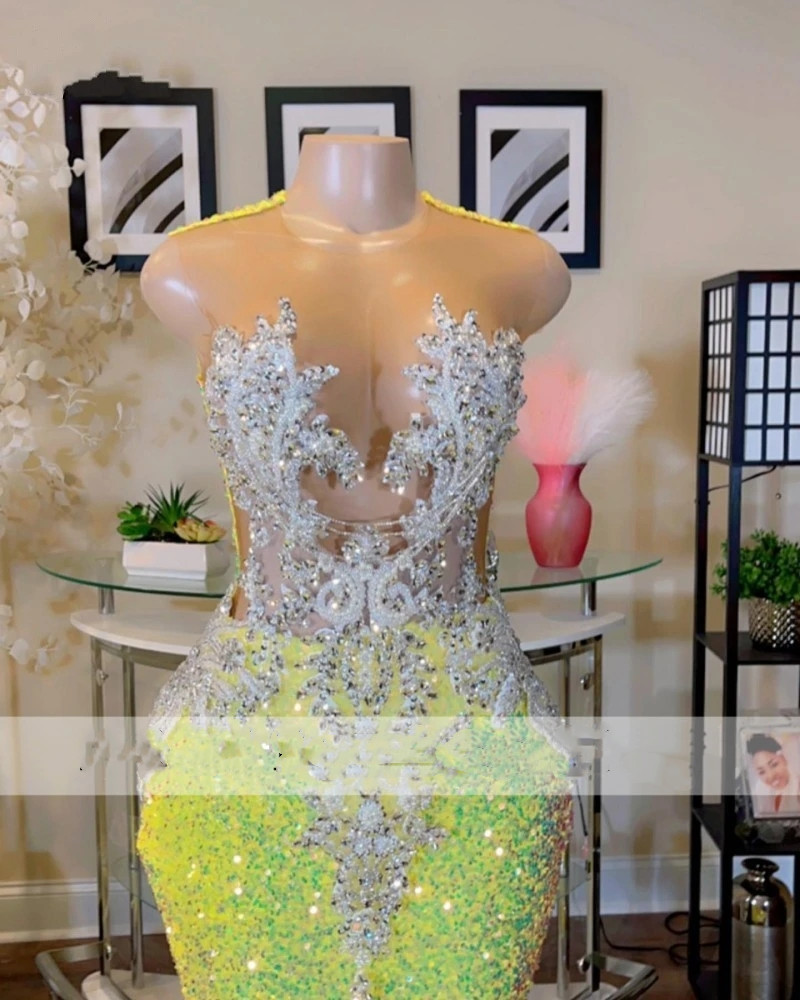 Sparkly Yellow Mermaid Prom Dresses Black Girls Crystals Plus Size Birthday Party Formal Evening Ocn Gowns Robe De Bal 0431